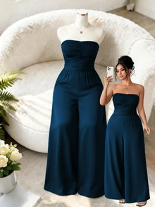 Elenzga Plus Size Women's Strapless Pleated Wide Leg Knit Jumpsuit - Navy Blue - View 4