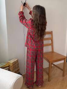 DAZY Tween Girls' Red & Green Plaid Woven Casual Long Sleeve Loungewear Set Fall - Red - View 11