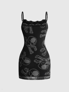 ROMWE Gaun Bodycon Jala Bermotif Tengkorak Gaya Gothic Punk Gelap dengan Tali Bahu Tipis - Hitam - View 9