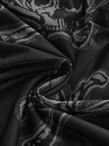 ROMWE Gaun Bodycon Jala Bermotif Tengkorak Gaya Gothic Punk Gelap dengan Tali Bahu Tipis - Hitam - View 11