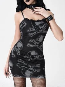 ROMWE Gaun Bodycon Jala Bermotif Tengkorak Gaya Gothic Punk Gelap dengan Tali Bahu Tipis - Hitam - View 1