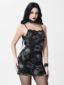 ROMWE Gaun Bodycon Jala Bermotif Tengkorak Gaya Gothic Punk Gelap dengan Tali Bahu Tipis - Hitam - View 3