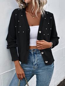 SHEIN Pearl Beaded Textured Knit Cardigan,Long Sleeve Tops Fall Winter Cloth For Women - Black - View 4