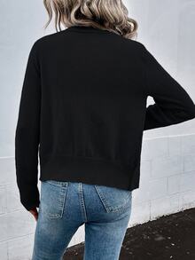 SHEIN Pearl Beaded Textured Knit Cardigan,Long Sleeve Tops Fall Winter Cloth For Women - Black - View 3