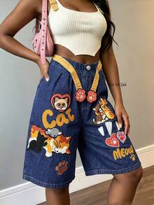 Dekonique Dekonique Women's Loose Casual Denim Effect Shorts With Cartoon Animal Pattern - Multicolor - View 3