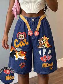 Dekonique Dekonique Women's Loose Casual Denim Effect Shorts With Cartoon Animal Pattern - Multicolor - View 1