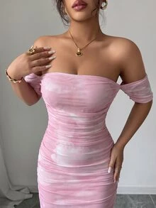 Selianne 女款優雅露肩紮染開衩修身長洋裝，秋季女裝套裝 - 淺粉色 - 查看 5