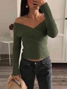 Aloruh Women's Solid Color Casual Versatile Daily Wear Long Sleeve Sweater - Green - View 1