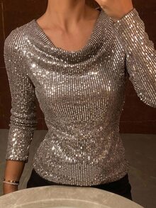 DAZY Women's Solid Color Cowl Neck Sequin Long Sleeve Fashion Top Fall - Silver - View 9