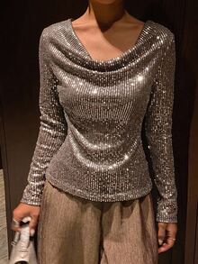 DAZY Women's Solid Color Cowl Neck Sequin Long Sleeve Fashion Top Fall - Silver - View 8