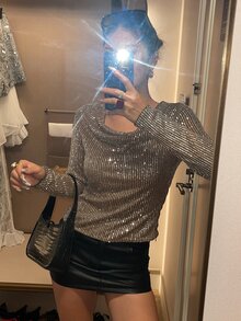 DAZY Women's Solid Color Cowl Neck Sequin Long Sleeve Fashion Top Fall - Silver - View 3