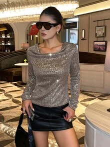 DAZY Women's Solid Color Cowl Neck Sequin Long Sleeve Fashion Top Fall - Silver - View 4