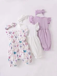 SHEIN Playful Pals 3pcs/Set Baby Girls' Casual Butterfly Print Romper With Headband - Multicolor - View 2