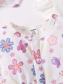 SHEIN Playful Pals 3pcs/Set Baby Girls' Casual Butterfly Print Romper With Headband - Multicolor - View 6