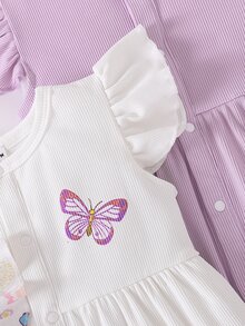 SHEIN Playful Pals 3pcs/Set Baby Girls' Casual Butterfly Print Romper With Headband - Multicolor - View 3