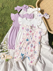 SHEIN Playful Pals 3pcs/Set Baby Girls' Casual Butterfly Print Romper With Headband - Multicolor - View 9