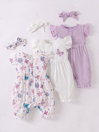 SHEIN Playful Pals 3pcs/Set Baby Girls' Casual Butterfly Print Romper With Headband