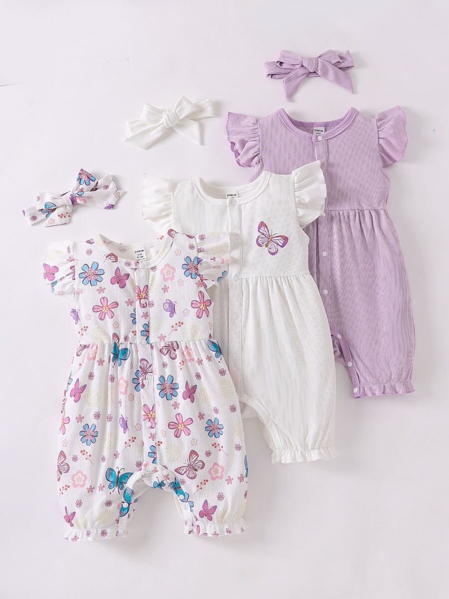 SHEIN Playful Pals 3pcs/Set Baby Girls' Casual Butterfly Print Romper With Headband - Multicolor - View 1