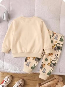 Baby Boy Round Neck Casual Comfortable Outfit Set With Cartoon Pattern, Suitable For Autumn/Winter - Multicolor - View 4