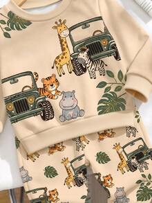 Baby Boy Round Neck Casual Comfortable Outfit Set With Cartoon Pattern, Suitable For Autumn/Winter - Multicolor - View 3