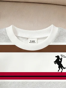 SHEIN Playful Pals 2件組嬰兒男寶寶條紋長袖上衣＋圖案素色長褲家庭套裝 - 咖啡棕 - 查看 4