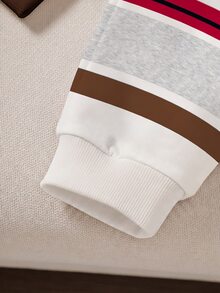 SHEIN Playful Pals 2件組嬰兒男寶寶條紋長袖上衣＋圖案素色長褲家庭套裝 - 咖啡棕 - 查看 6