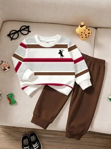 SHEIN Playful Pals 2件組嬰兒男寶寶條紋長袖上衣＋圖案素色長褲家庭套裝 - 咖啡棕 - 查看 3