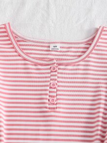 SHEIN 1件女童大童條紋半鈕扣前襟圓領長袖修身T恤，休閒日常上衣，秋季 - 粉色 - 查看 7