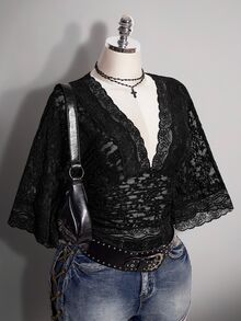 SHEIN CURVE+ Plus Size Y2K Goth Elegant Sexy V-Neck Lace Patchwork Flare Sleeve Top Brunch Dinner Black Summer - Black - View 7