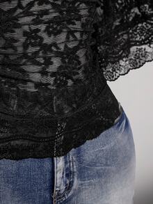 SHEIN CURVE+ Plus Size Y2K Goth Elegant Sexy V-Neck Lace Patchwork Flare Sleeve Top Brunch Dinner Black Summer - Black - View 6