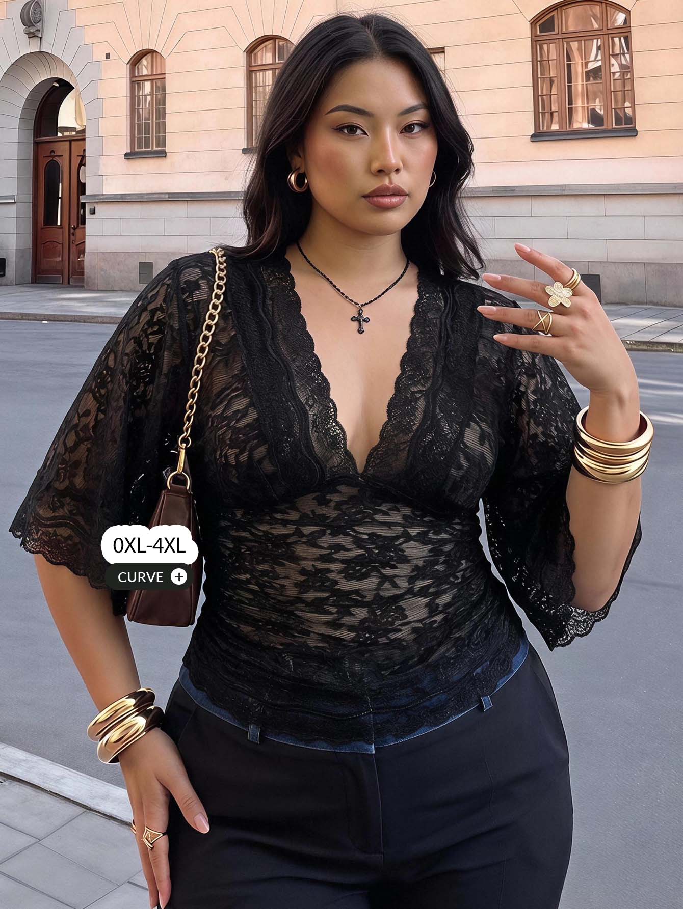 SHEIN CURVE+ Plus Size Y2K Goth Elegant Sexy V-Neck Lace Patchwork Flare Sleeve Top Brunch Dinner Black Summer - Black - View 1