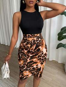 Eryvara Women's Elegant Black Summer Chic Night Out Leopard Print Dress,Solid Color Patchwork Sleeveless Round Neck Ruffle Animal Skirt Body Fitted Dresses - Multicolor - View 2
