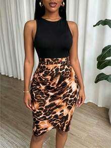 Eryvara Women's Elegant Black Summer Chic Night Out Leopard Print Dress,Solid Color Patchwork Sleeveless Round Neck Ruffle Animal Skirt Body Fitted Dresses - Multicolor - View 6