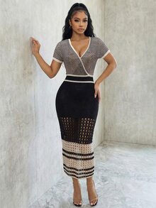Eryvara 撞色V领短袖修身优雅针织连衣裙，度假风 - 彩色 - 查看 5