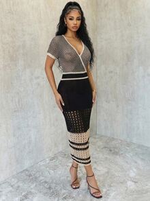 Eryvara 撞色V领短袖修身优雅针织连衣裙，度假风 - 彩色 - 查看 7