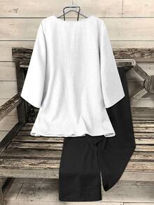 Omancia Standard Size Women's V-Neck Coconut Button Pocket Decor 3/4 Sleeve Top + Straight Leg Pants Solid Color Casual Commute 2-Piece Set - Black and White - View 2