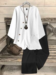 Omancia Standard Size Women's V-Neck Coconut Button Pocket Decor 3/4 Sleeve Top + Straight Leg Pants Solid Color Casual Commute 2-Piece Set - Black and White - View 7
