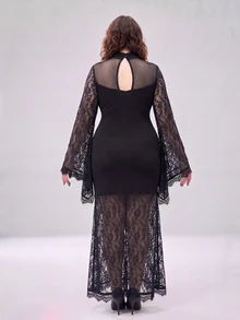SHEIN LUNE CURVE Gaun Model Duyung dengan Lengan Bergelombang dan Leher Tinggi dengan Detail Renda Kontras untuk Pesta Halloween, Klub, Warna Hitam, Musim Gugur, Gaya Goth, Seksi - Hitam - View 2