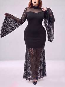 SHEIN LUNE CURVE Gaun Model Duyung dengan Lengan Bergelombang dan Leher Tinggi dengan Detail Renda Kontras untuk Pesta Halloween, Klub, Warna Hitam, Musim Gugur, Gaya Goth, Seksi - Hitam - View 6