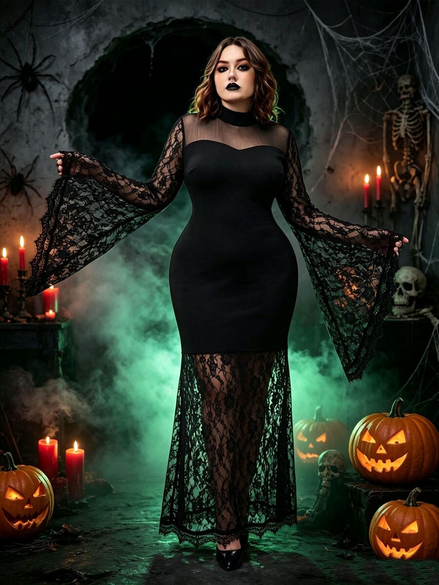 SHEIN LUNE CURVE Gaun Model Duyung dengan Lengan Bergelombang dan Leher Tinggi dengan Detail Renda Kontras untuk Pesta Halloween, Klub, Warna Hitam, Musim Gugur, Gaya Goth, Seksi - Hitam - View 1