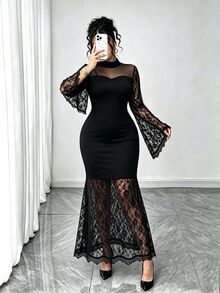 SHEIN LUNE CURVE Gaun Model Duyung dengan Lengan Bergelombang dan Leher Tinggi dengan Detail Renda Kontras untuk Pesta Halloween, Klub, Warna Hitam, Musim Gugur, Gaya Goth, Seksi - Hitam - View 5