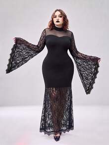 SHEIN LUNE CURVE Gaun Model Duyung dengan Lengan Bergelombang dan Leher Tinggi dengan Detail Renda Kontras untuk Pesta Halloween, Klub, Warna Hitam, Musim Gugur, Gaya Goth, Seksi - Hitam - View 3