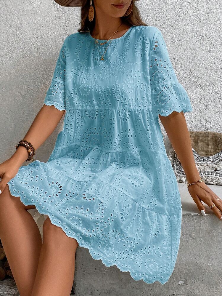 EMERY ROSE Vestido De Mujer De Cuello Redondo De Color Sólido Con Bordado Floral Quemado - Azul - Añade 5
