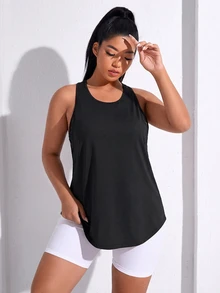 SHEIN Unity Plus Size Women's Solid Color Simple Everyday Jacquard Sports Vest - Black - View 8
