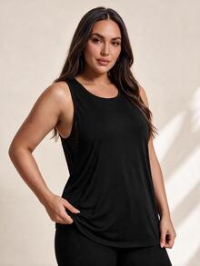 SHEIN Unity Plus Size Women's Solid Color Simple Everyday Jacquard Sports Vest - Black - View 1