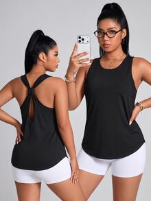 SHEIN Unity Plus Size Women's Solid Color Simple Everyday Jacquard Sports Vest - Black - View 2