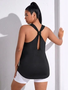 SHEIN Unity Plus Size Women's Solid Color Simple Everyday Jacquard Sports Vest - Black - View 3
