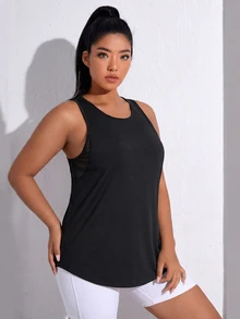 SHEIN Unity Plus Size Women's Solid Color Simple Everyday Jacquard Sports Vest - Black - View 5