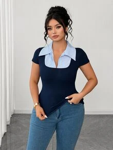 Elenzga Plus Size Women's Striped 2 In 1 Patchwork Slim Fit Versatile Daily Casual Short Sleeve T-Shirt - Multicolor - View 6