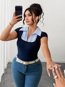 Elenzga Plus Size Women's Striped 2 In 1 Patchwork Slim Fit Versatile Daily Casual Short Sleeve T-Shirt - Multicolor - View 8